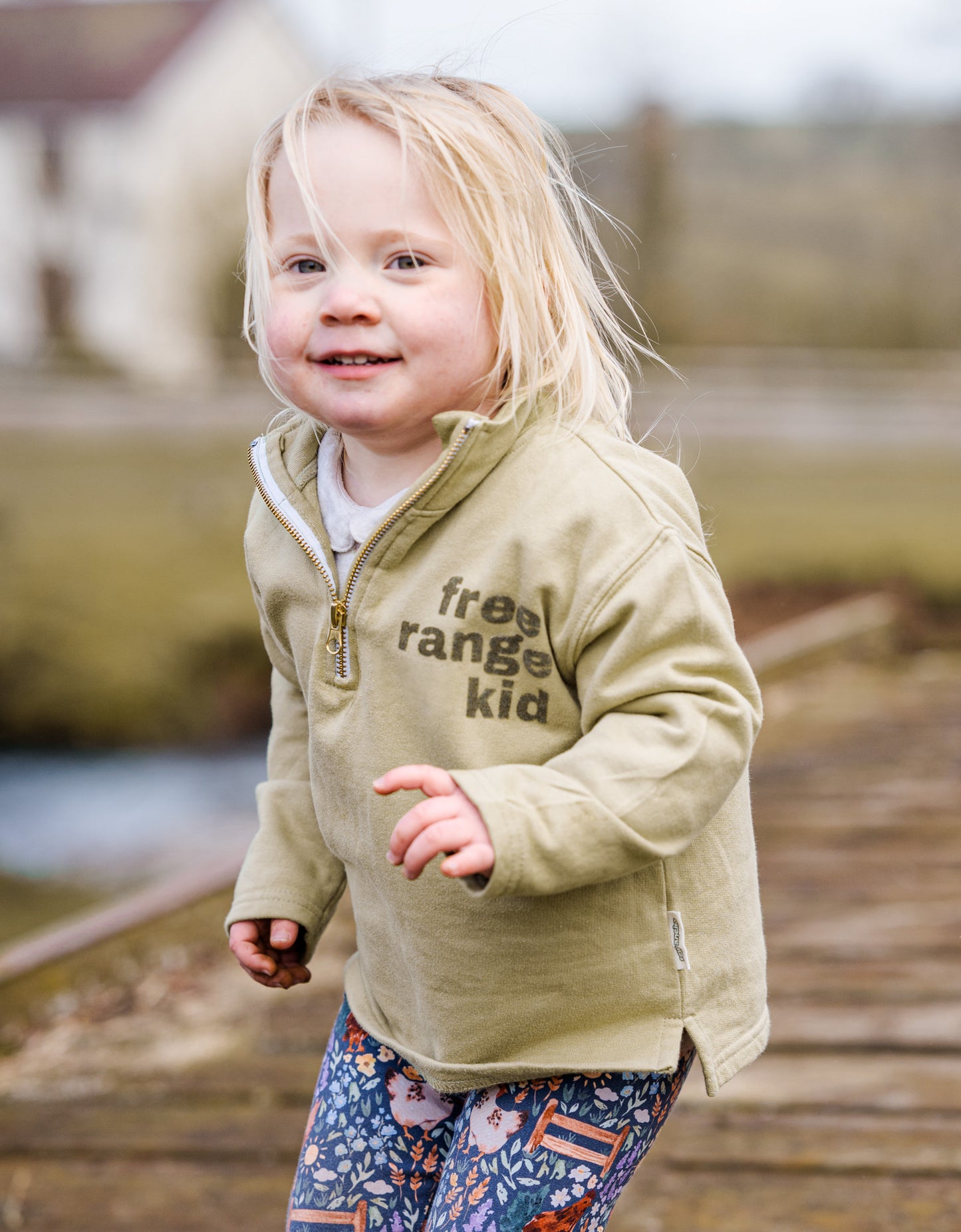 Free Range Kid 1/4 Zip Organic Cotton Sweatshirt Moss Stone