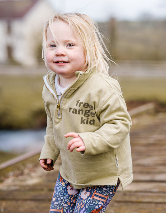 Free Range Kid 1/4 Zip Organic Cotton Sweatshirt Moss Stone
