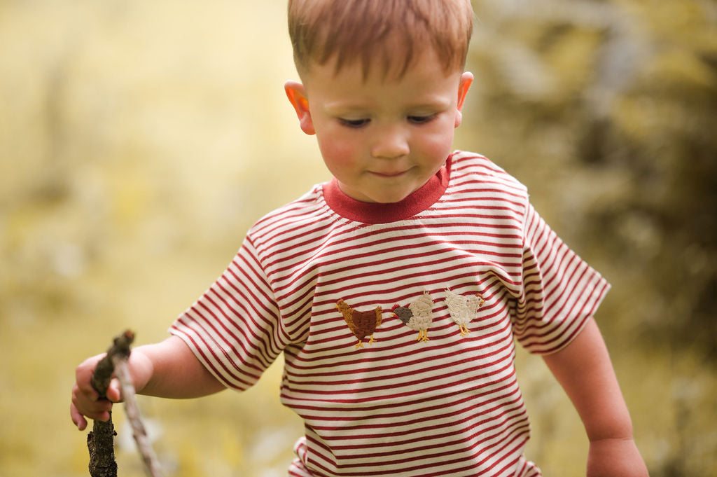 Striped Chicken Embroidered Organic Cotton Kids T-Shirt