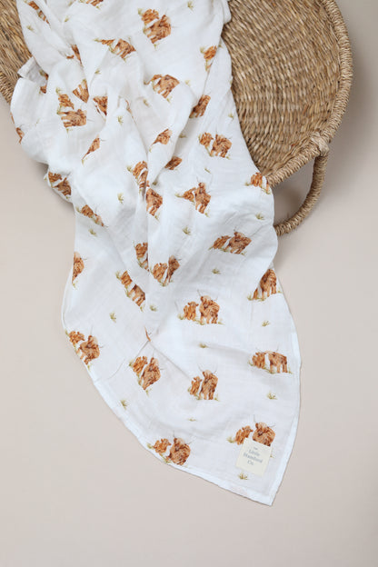 Little Stamford Co Baby Highland Cow Muslin Swaddle