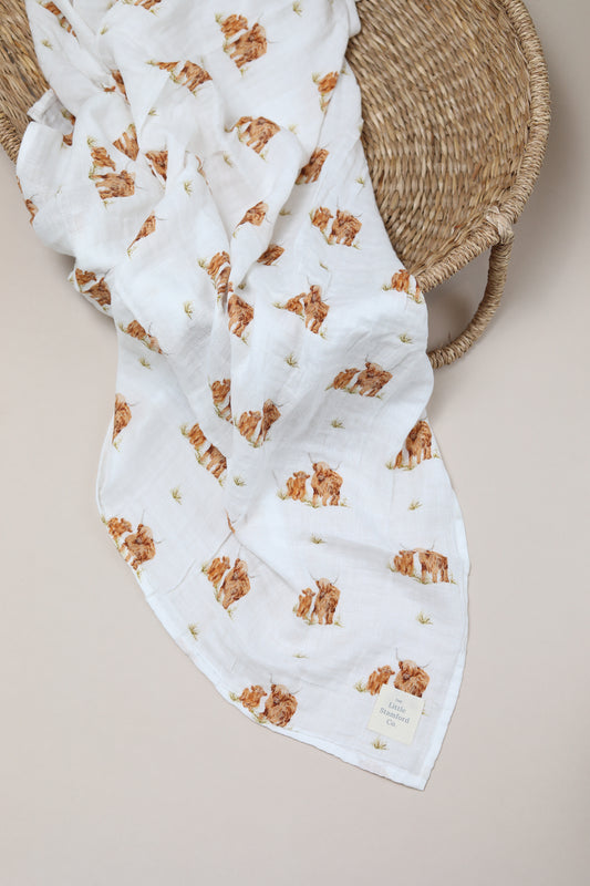 Little Stamford Co Baby Highland Cow Muslin Swaddle